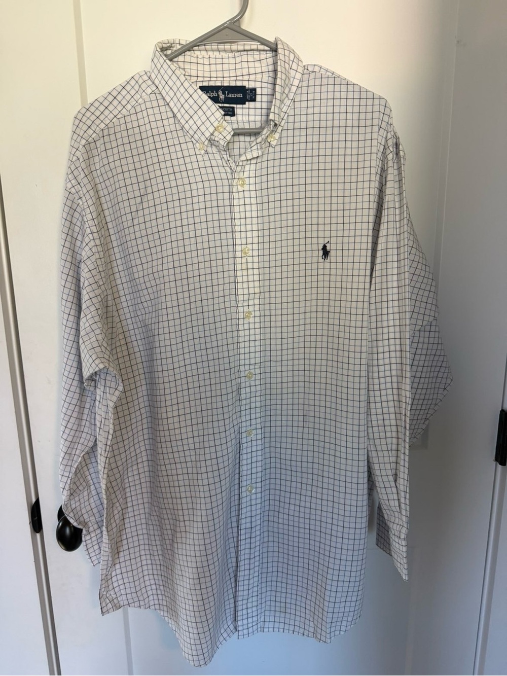 Ralph Lauren Men’s White Button-Down Shirt with Navy Windowpane